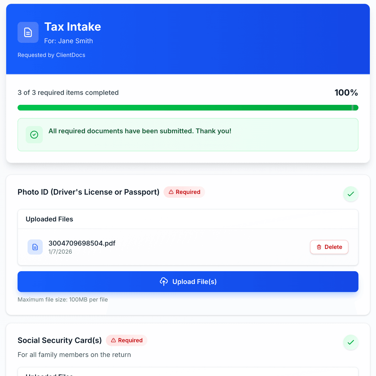 Client upload interface